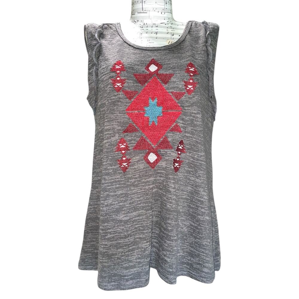 Cruel Denim Charcoal Southwestern Graphic Tank with Ruffle M